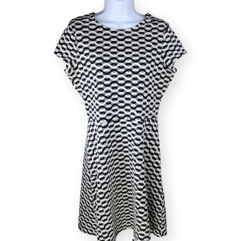 Leota Black White Abstract Knit Fit and Flare Dress L